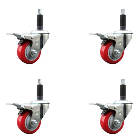 Service Caster 3'' SS Red Poly Swivel 1'' Expanding Stem Caster Set Total Lock Brake, 4PK SCC-SSEXTTL20S314-PPUB-RED-1-4